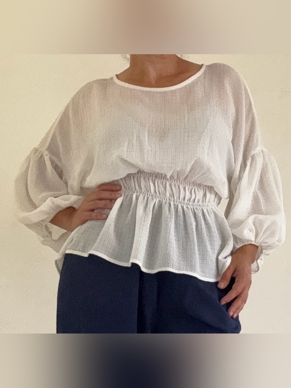 Lightweight White Peplum Waist Blouse - Women